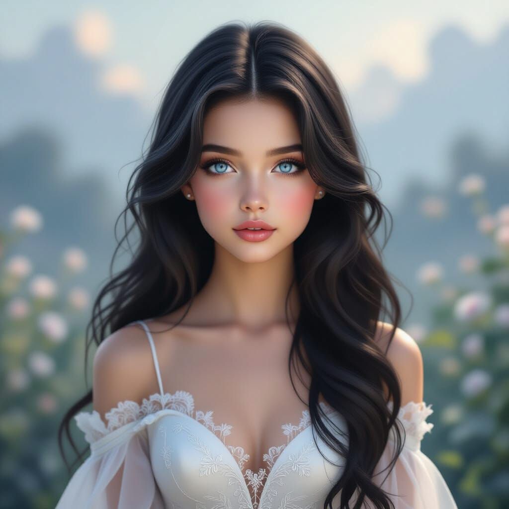 Stunning Girl in Elegant Dress with Ethereal Light