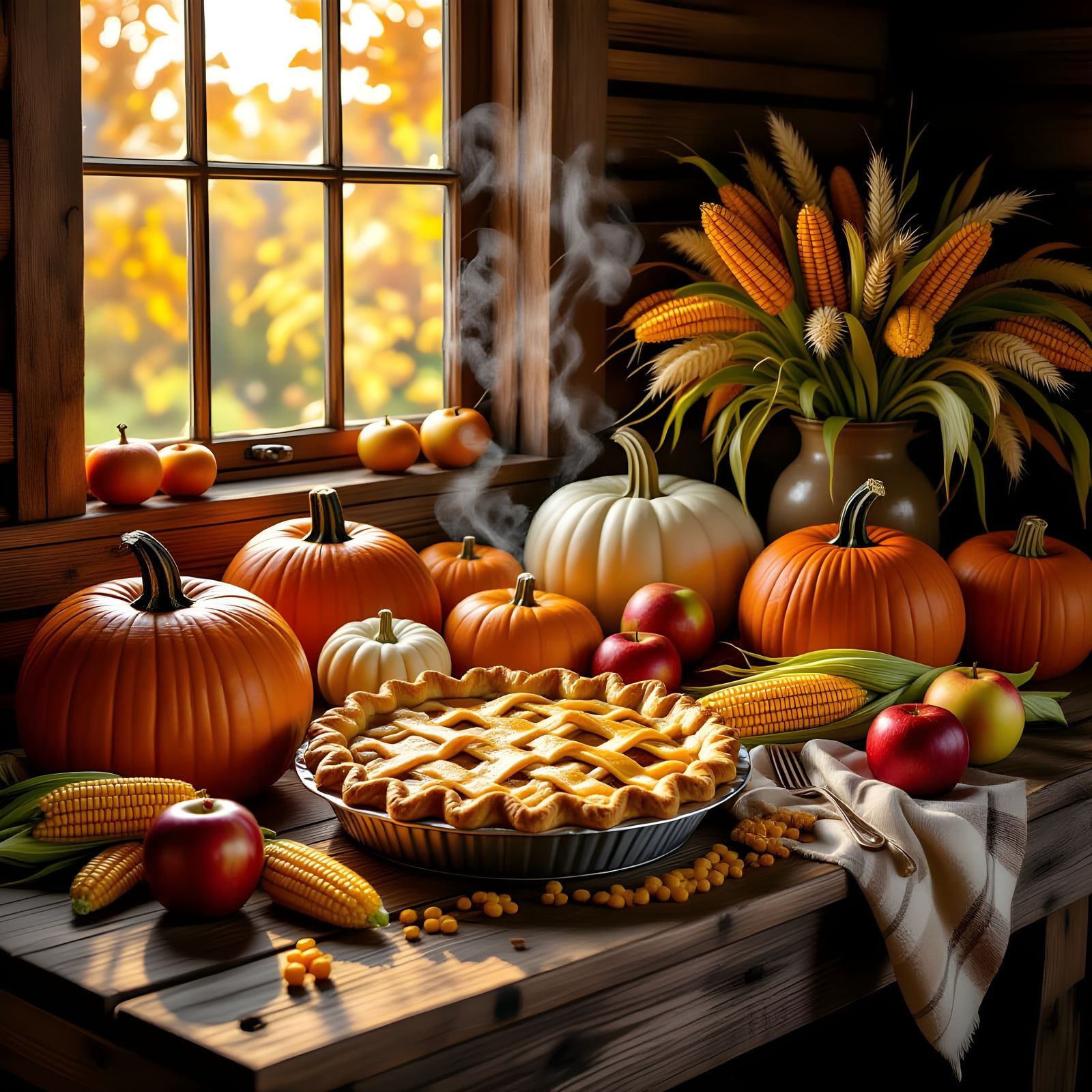 A rustic wooden table laden with a bountiful harvest feast. Pumpkins, gourds, apples, and corn stalks ...  by @Night Core