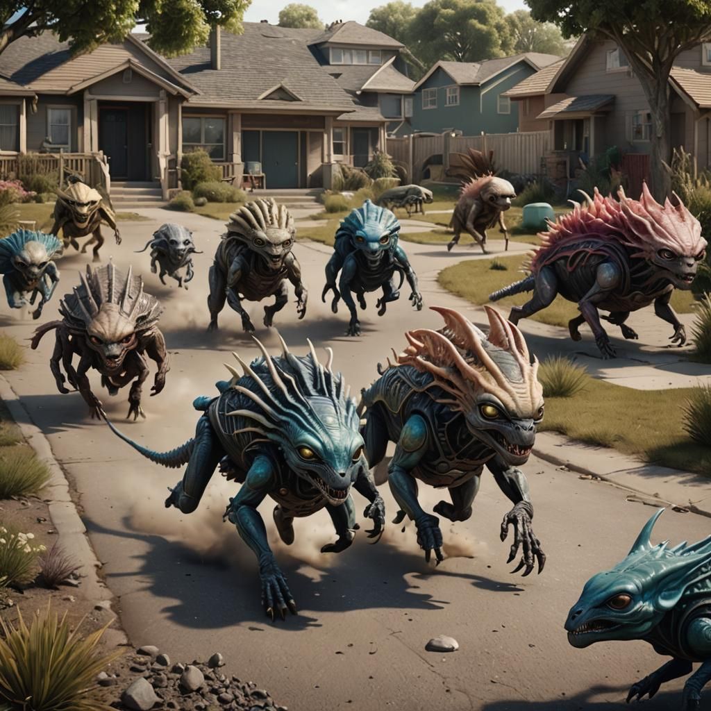 Alien Creatures running through a subdivision 
Animals
Aliens
Unique alien Creatures.
Fluffy animals
Canine-like
Realism ...  by @Pyro
