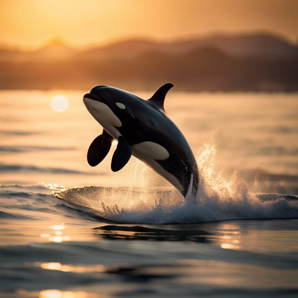 An orca jumping out of the ocean at sunset