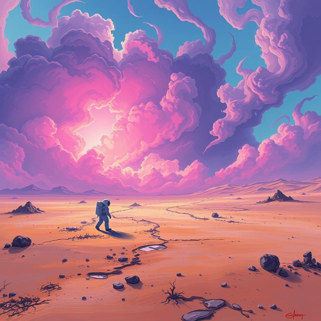 Ethereal Astronaut in a Vibrant, Barren Dreamscape