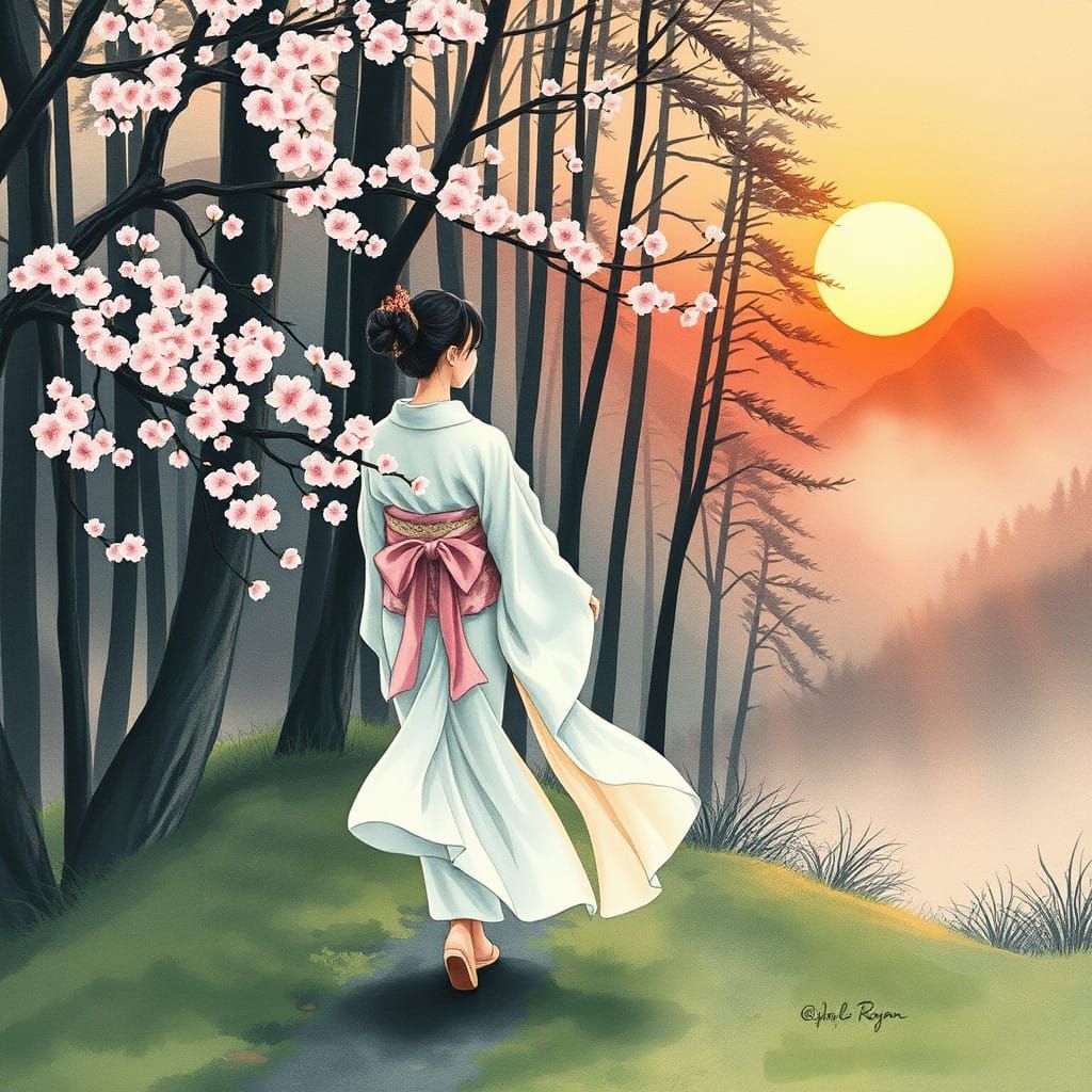 Woman in Serene Japanese Forest Under Sunset