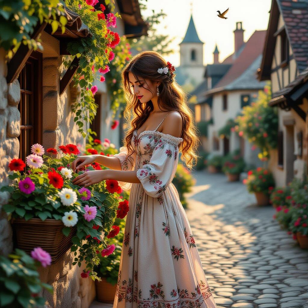 A quaint, cobblestone street in a medieval village at dawn, with birds chirping and the aroma of freshly ...  by @Katlena