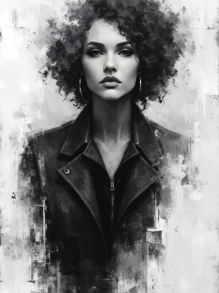 <lora:Messy oil portraits:1.0>  messy oil, half body length female, geometric shapes, stark black and white and silver hues