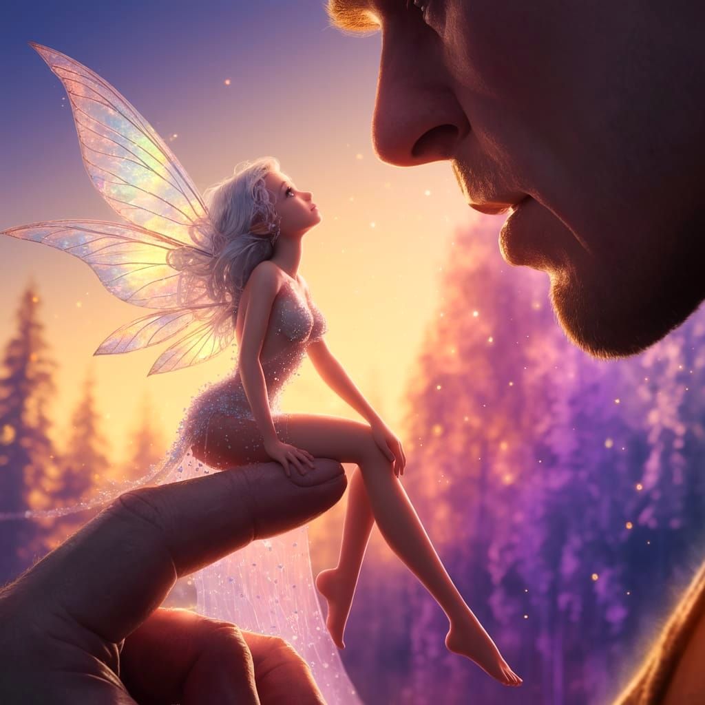 Tiny Fairy Gazing Up at Giant in Sunset Landscape