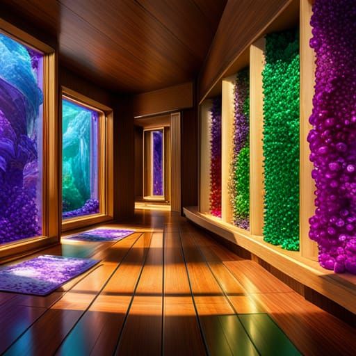 Imagine a vibrant cozy crystal shop with shelves full of a v...