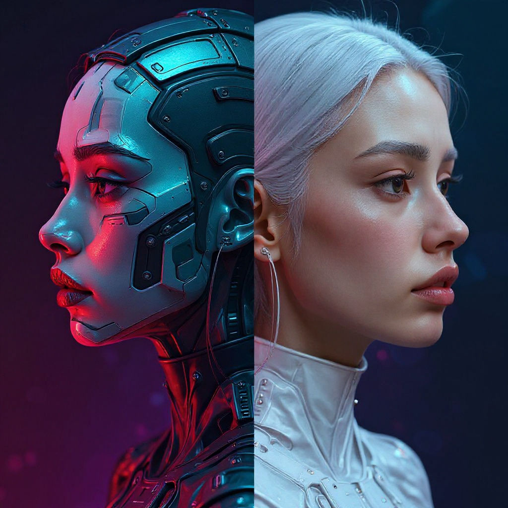 A portrait in the style of Escher's optical illusion, in which a woman's face is simultaneously visible in profile from both the right and l...