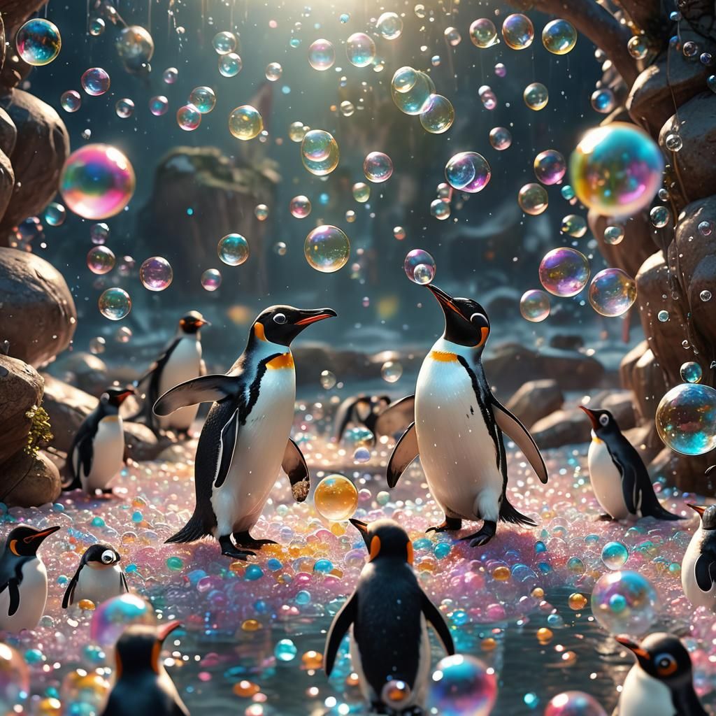 Penguins Blowing Bubbles with Tiny Penguin Faces