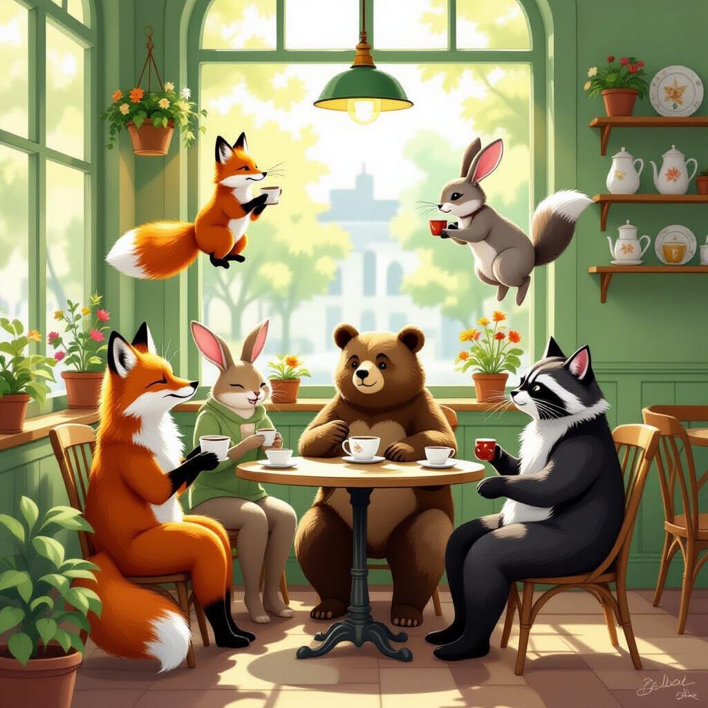 Magical Animals Enjoy Coffee in a Sunlit Cafe