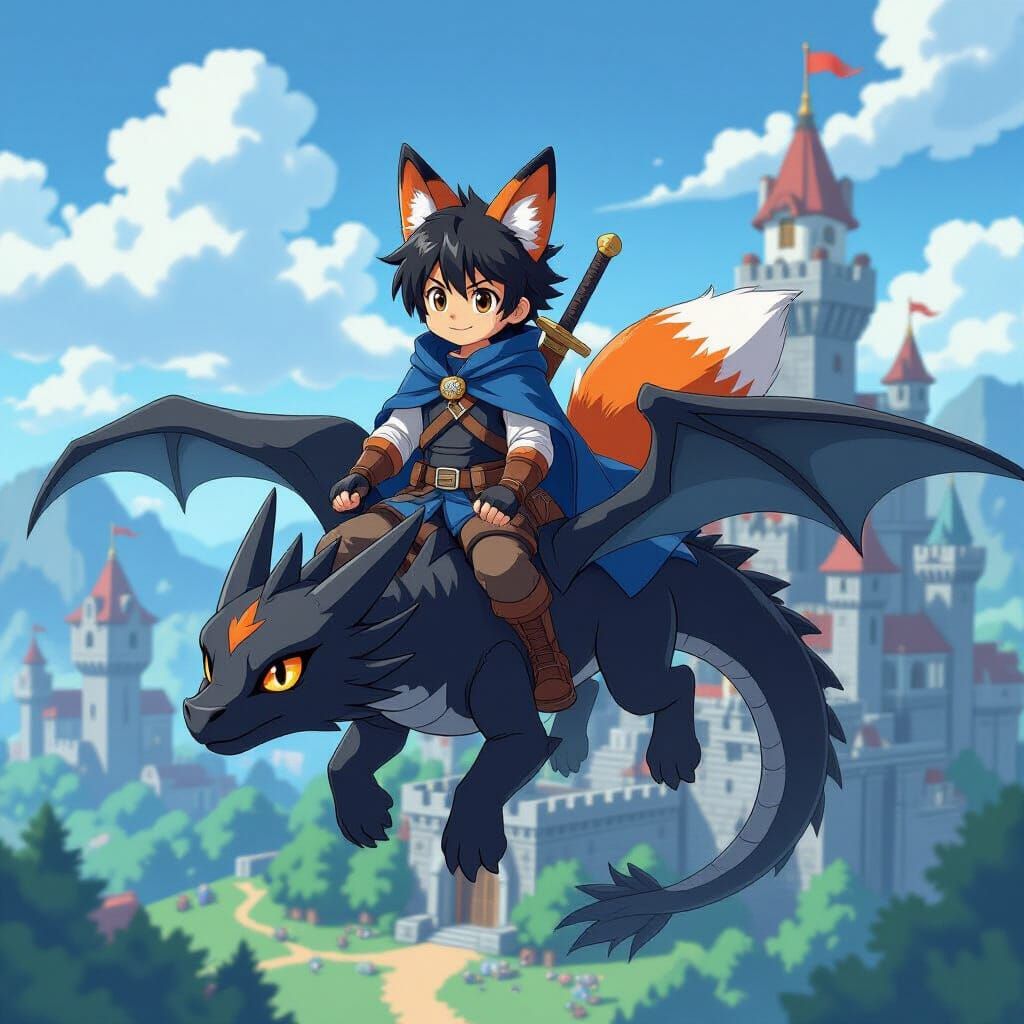 Boy on Dragon Above Minecraft Castle, Vibrant Fantasy Art
