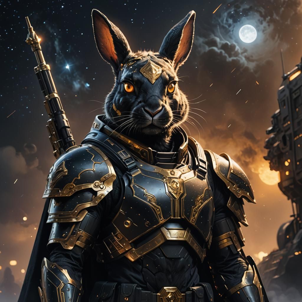 Design a detailed realistic poster featuring a realistic full black rabbit with no facial hair, very big and long ears, large glowing white...