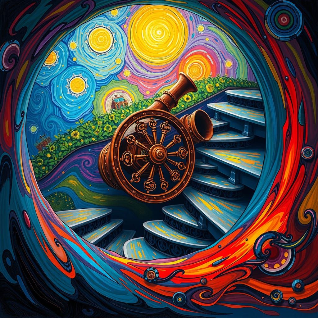 Majestic Wheel Unfolds in a Whimsical, Dreamlike Galaxy
