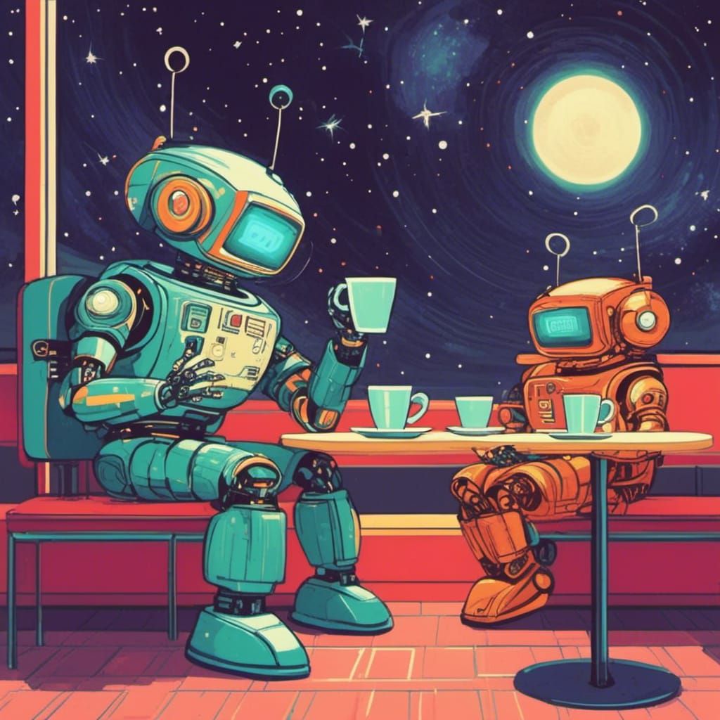 <lora:Sin City:1.0> Cute robots in a cafe in outer space