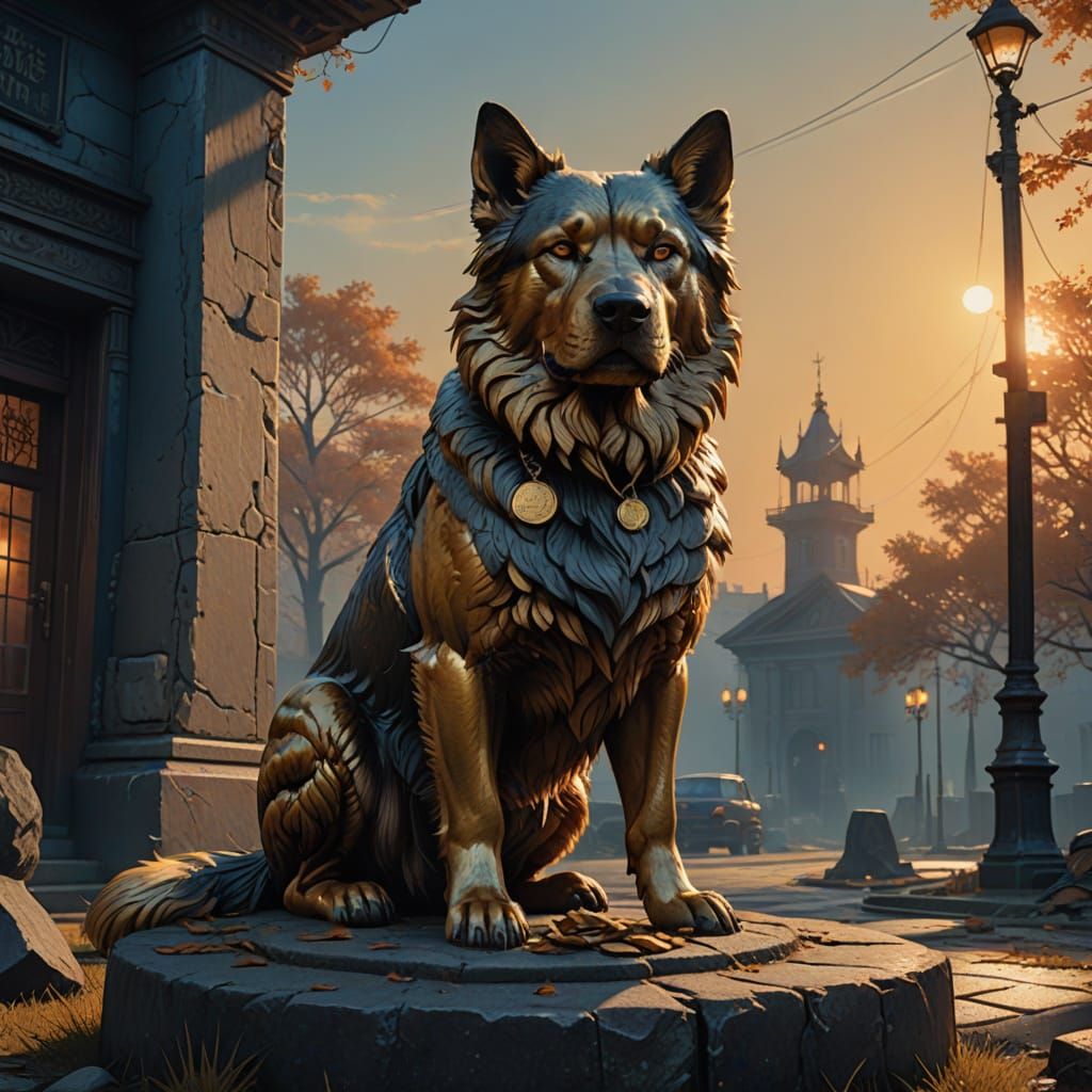 Golden Coin Beside a Menacing Canine in Warm, Golden Light