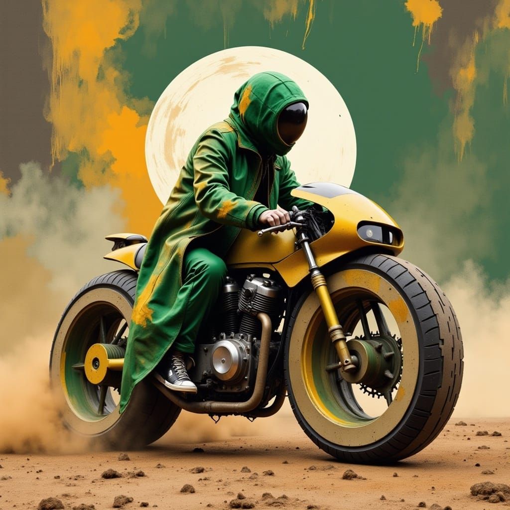 A wizard riding a futuristic motorcycle. <lora:Tawny Flux:1.0> 