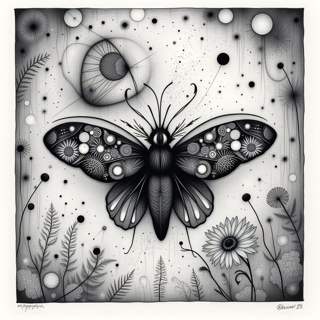 <lora:Black And White 3:1.0>  black and white,   butterfly mystical and poetic dreamlike Paul Klee, surreal and celestial, etching & delicat...