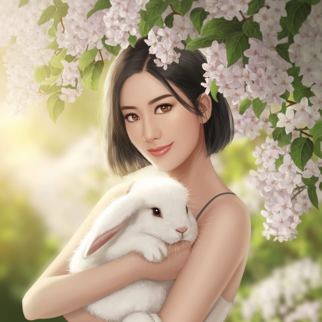 A Thailandese Woman Holds a Fluffy Rabbit Under a Blooming J...