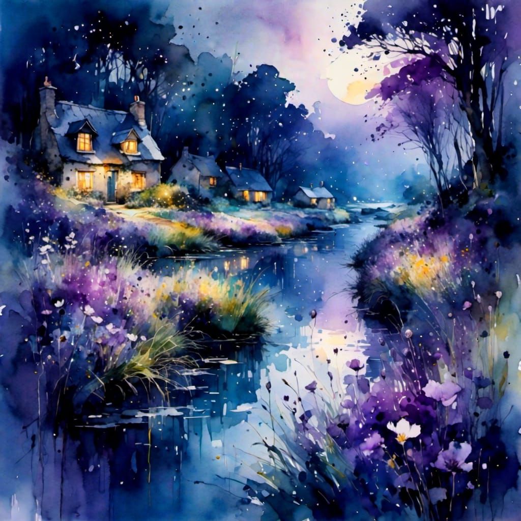 a magnificent <lora:Anduin:1.0> lush summerscape at night| rivers| flowers| watercolor| breathtaking beauty| 8k gorgeous| sharp focus| volum...