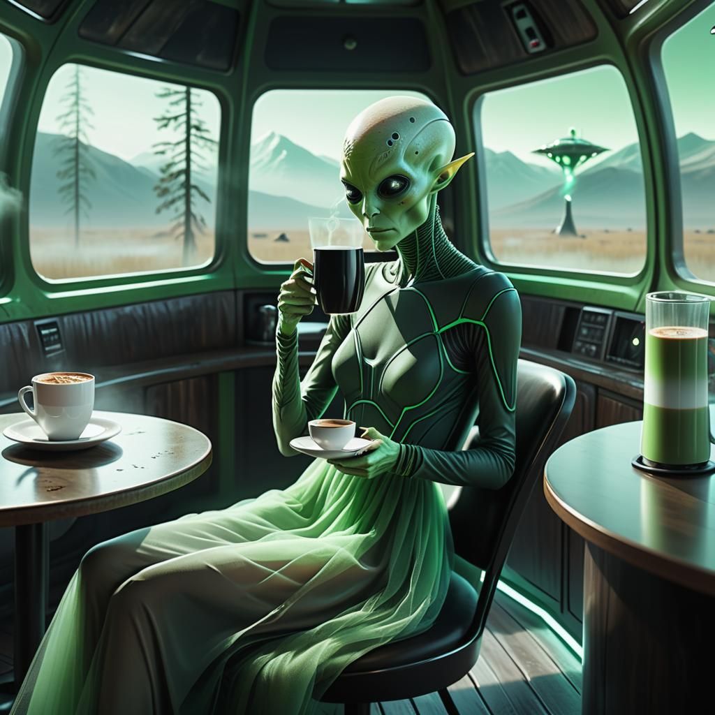 Creepy female alien drinking steaming cup of coffee after the takeover of Earth  by @Fokje