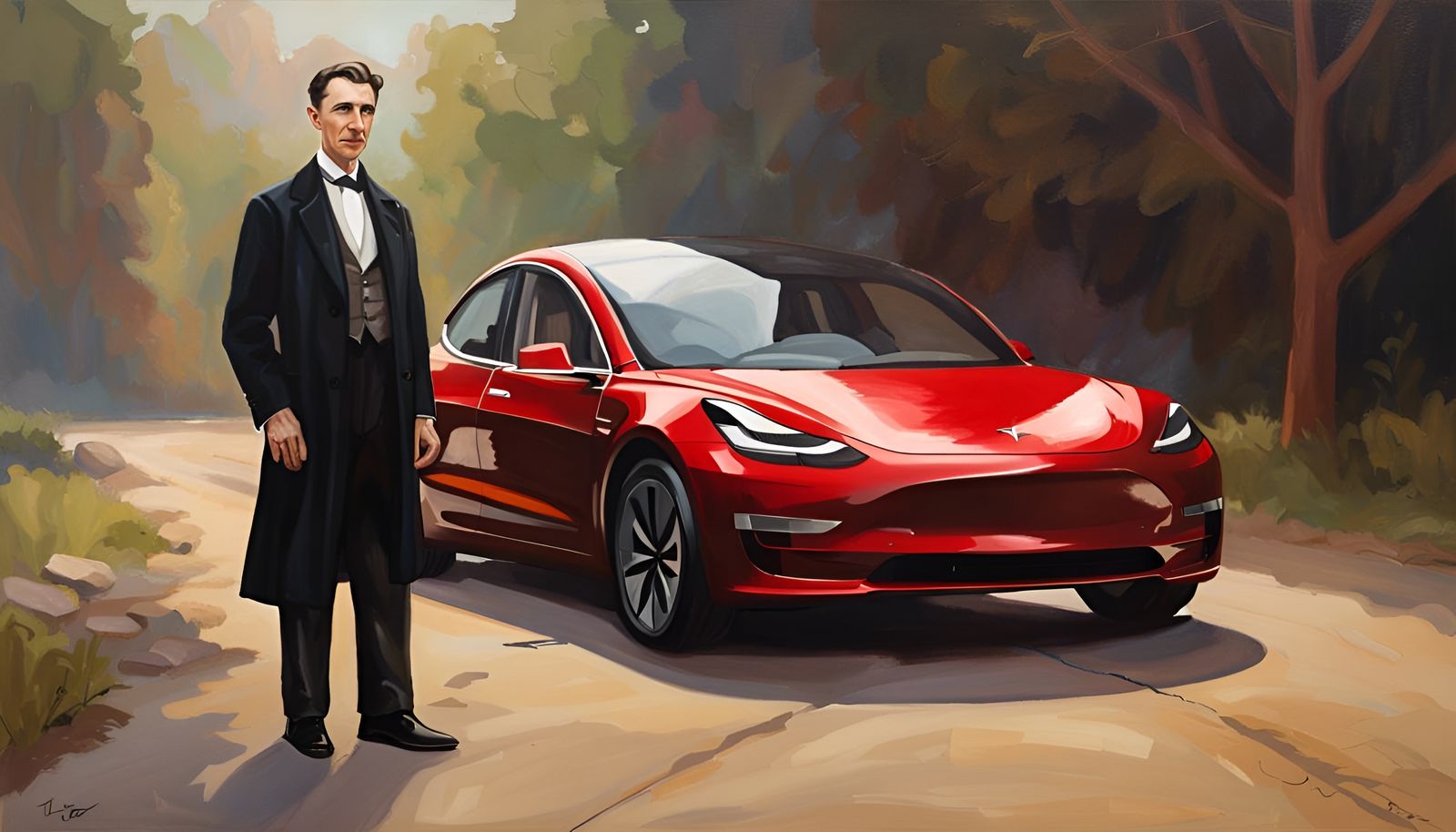 Nikola Tesla in 1930 clothes standing next to a 2020 Tesla Model 3. oil