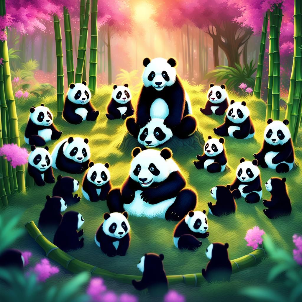 Panda Bear Teaches Cubs Emotions in Fantasy Forest