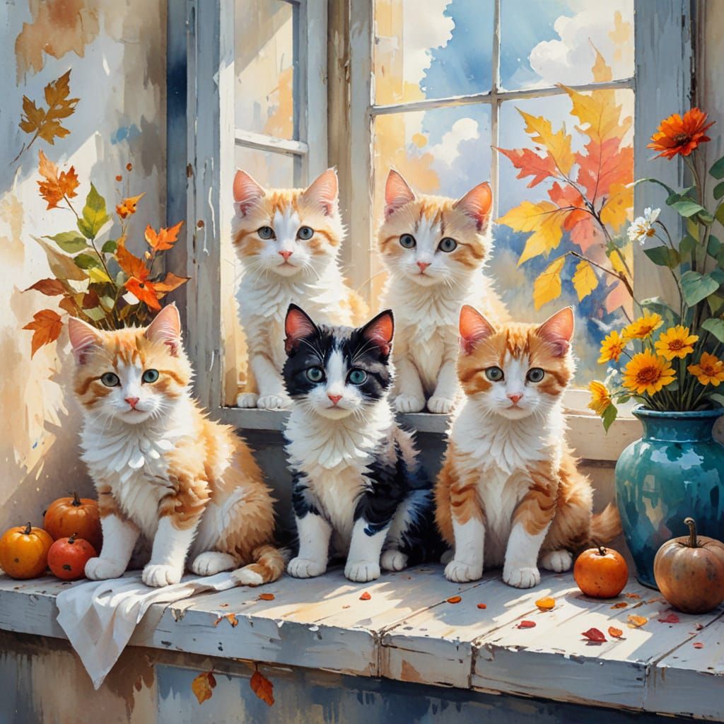 Puppies and Kittens on a Windowsill as Impasto Painting
