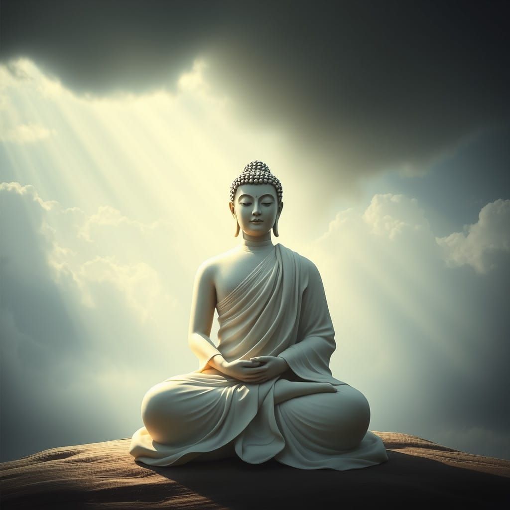 Buddha in Ethereal Cloudscape with Divine Glow