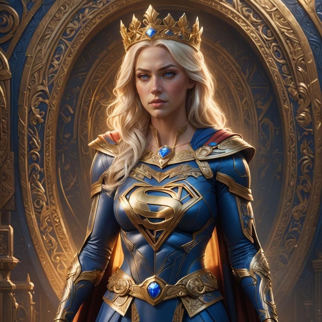 Fantastical concept art. Full body portrait. Platinum blonde woman with athletic muscles wearing royal clothing with Supergirl logo and crow...