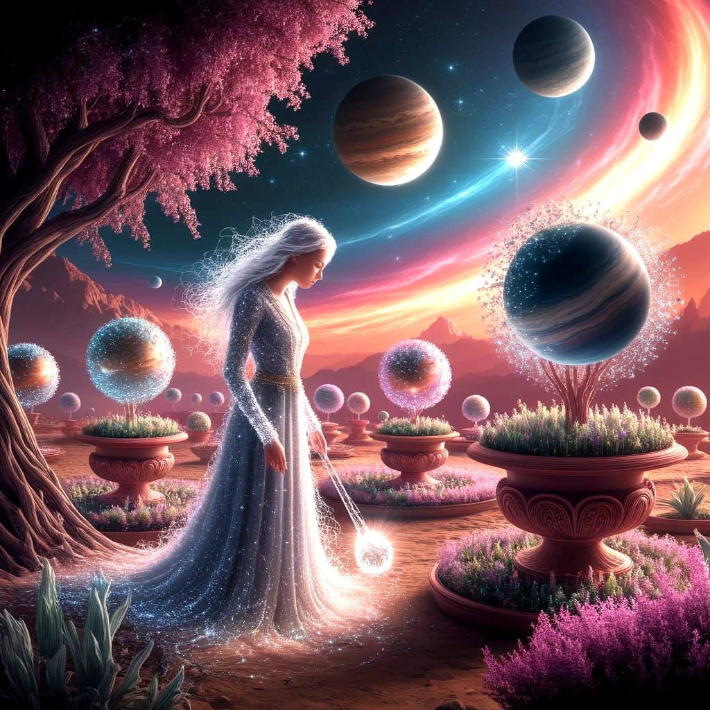 A cosmic gardener tending to a nebula garden, with planets as pots and stars as seeds. The gardener wears robes woven from stardust and uses...