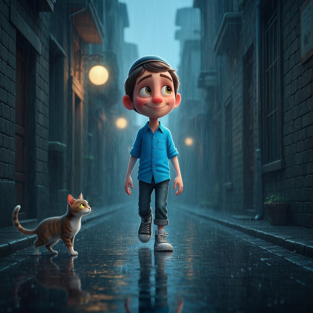 Boy and Cat on Rainy Street in Cartoon Style