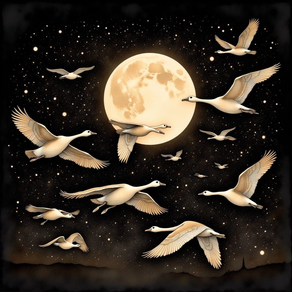 Wild Geese Dance Across a Moonlit Sky in Dreamy Japanese-Ins...