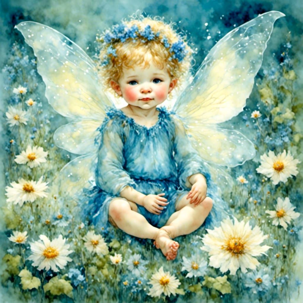 little baby fairy boy dressed in blue with big translucent wings ...