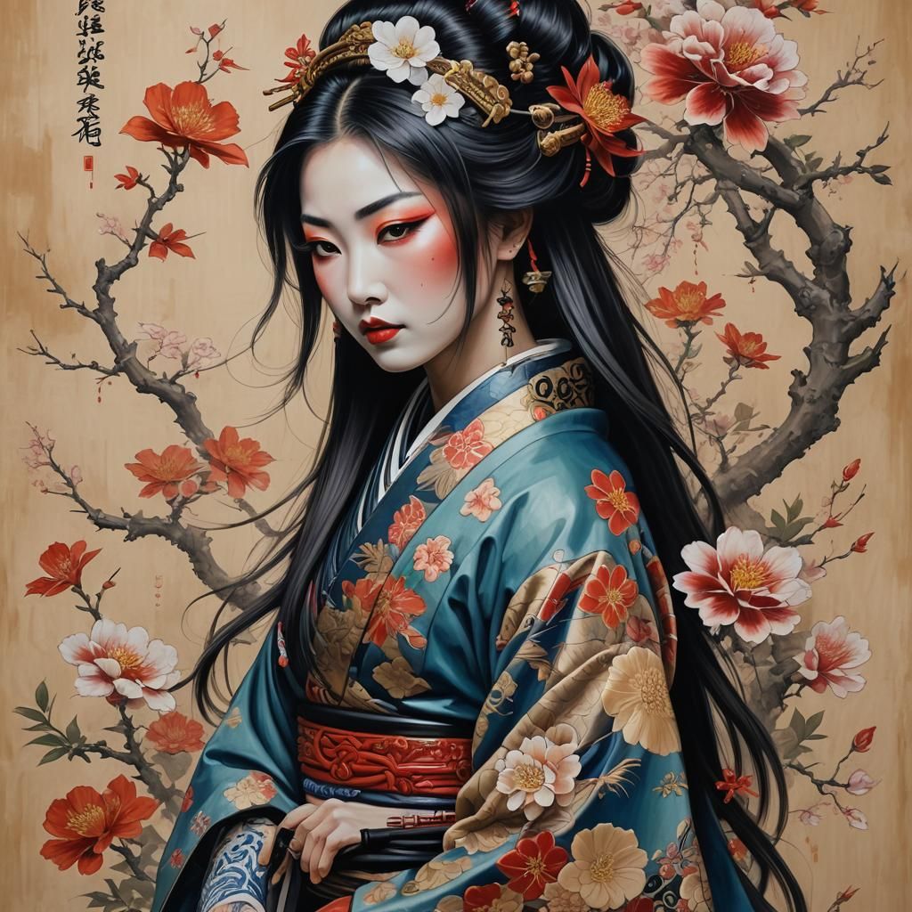 Illustrate a creative fusion of geisha with long hair and ta...