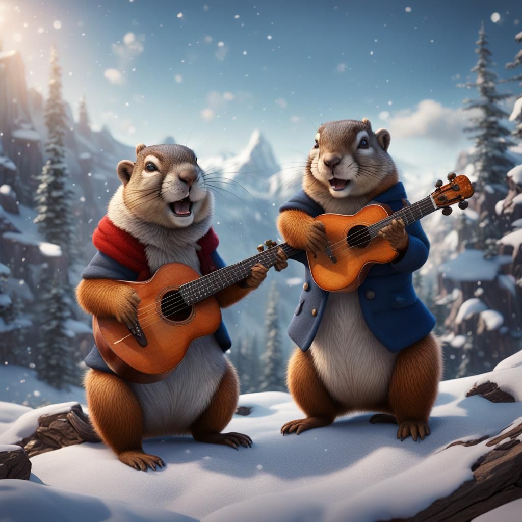 A French squirrellorchestra and a romantic singing marmot playing music in the snow montain