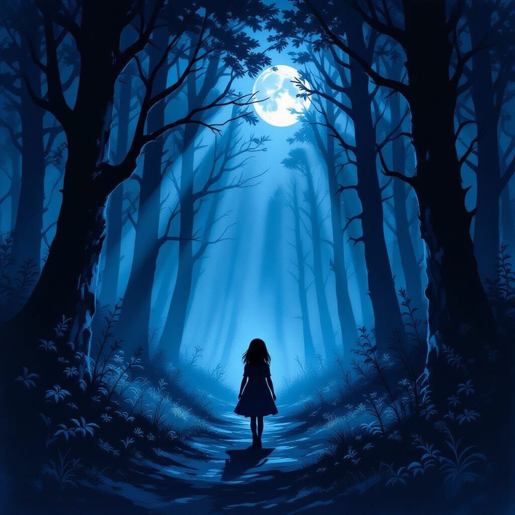 Girl Walks Alone in Eerie Moonlit Forest