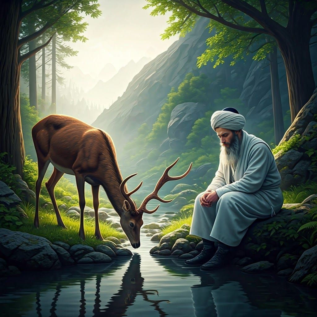 Deer Drinks from Mountain Spring as Hasidic Jew Prays in the...