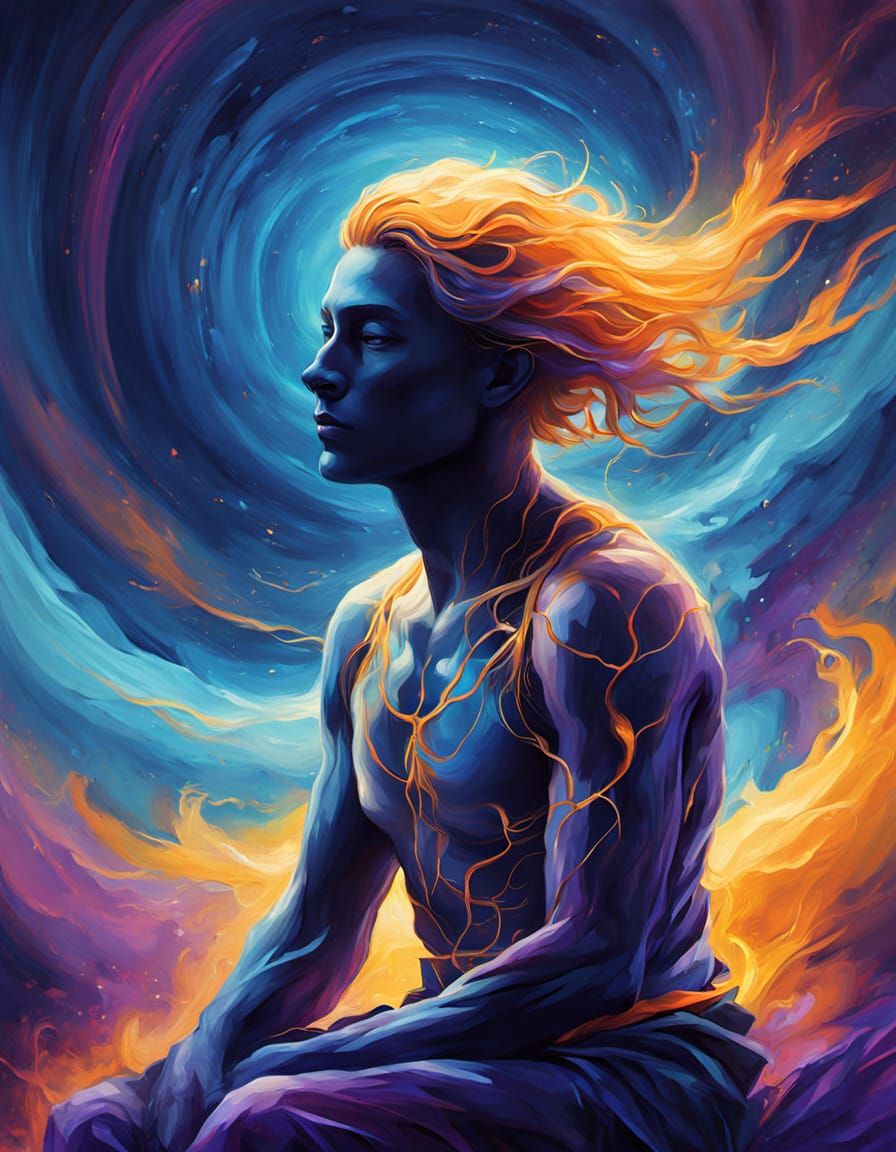 A mesmerizing digital painting of a serene, translucent human figure, seated cross-legged in a contemplative pose, with an ethereal glow ema...