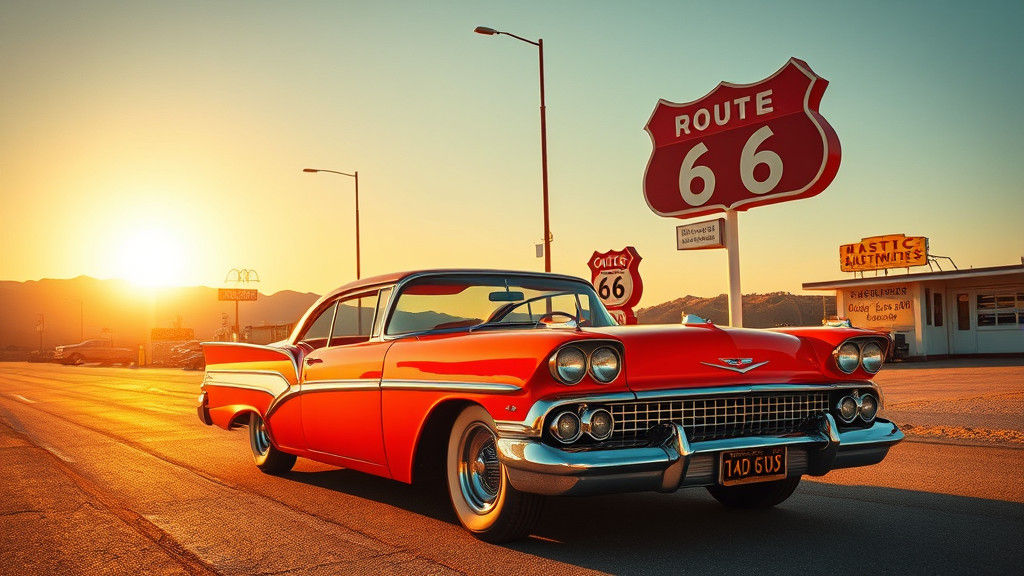 "A Kodachrome-style photo of a vintage car parked under a golden sunset on Route 66."