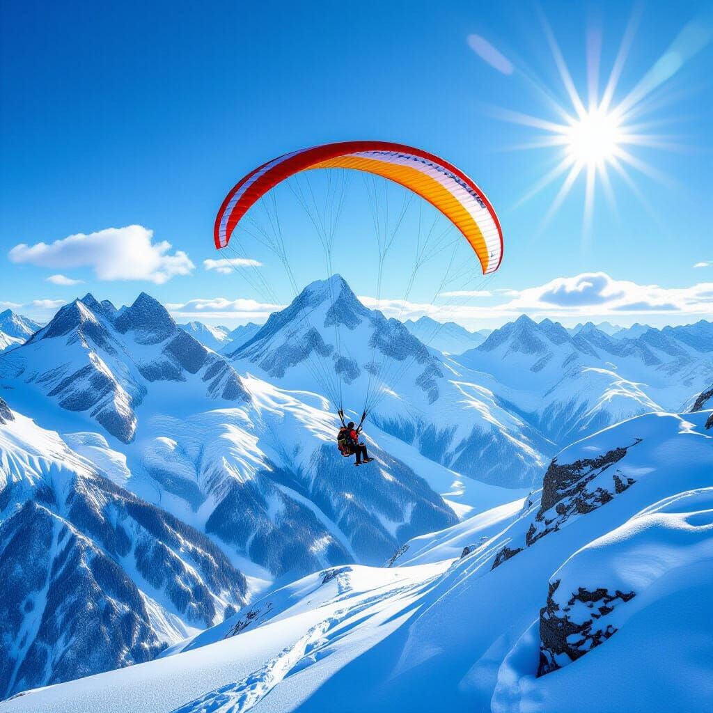 Paraglider Soars Over Snow-Capped Mountains