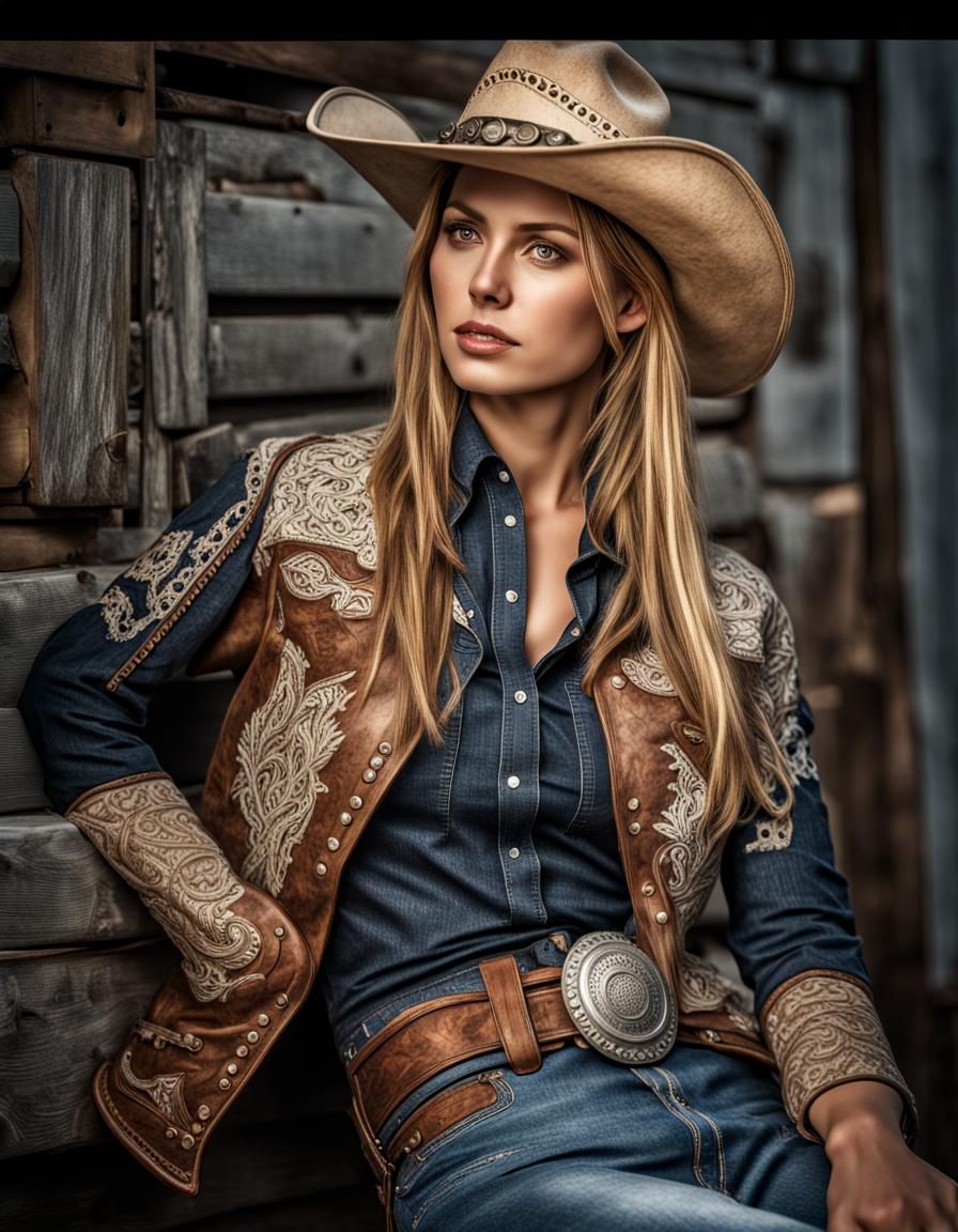 Hyperrealistic portrait of a beautiful woman wearing cowboy ...