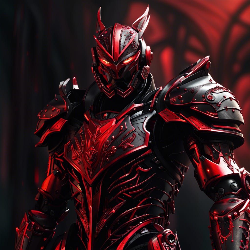 Mechanical knight. metallic , darkest black, red , very detailed ...