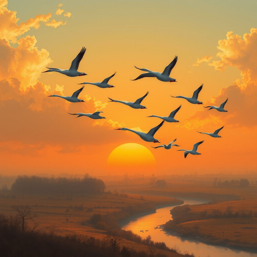 Cranes Fly South Over Village at Sunset