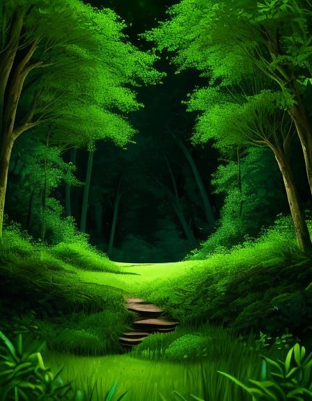 `A clearing deep in the forest, covered in lush deep green grass.  