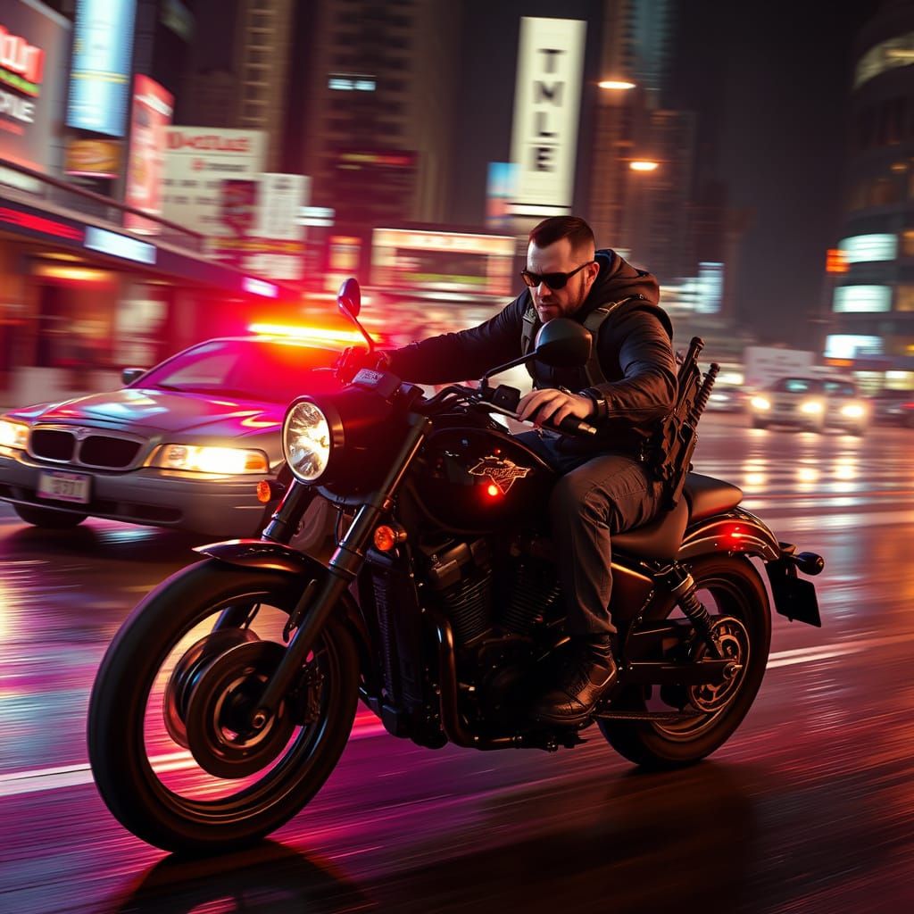 Gangster Motorcycle Chase in Neon City