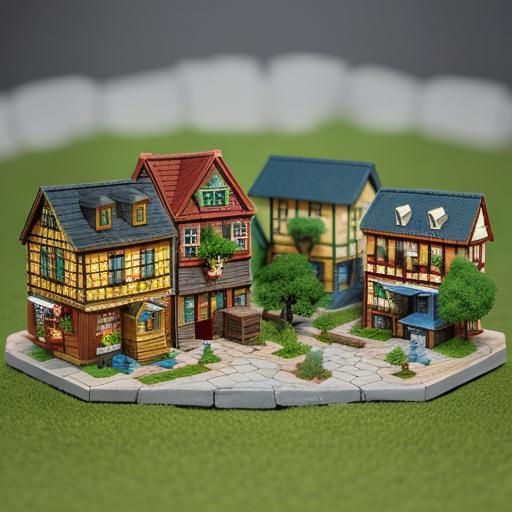 Miniature village town square houses, 
Tilt-shift photograph...