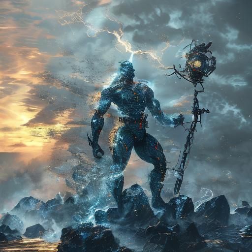  <lora:Godlike-Energy DSv8:1.0>Human standing on a cloud of electricity, fusion zeus