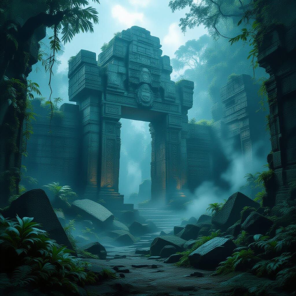 A colossal ancient ruin, half-submerged in a mist-shrouded jungle, its massive stone blocks intricately carved with forgotten symbols. Stran...