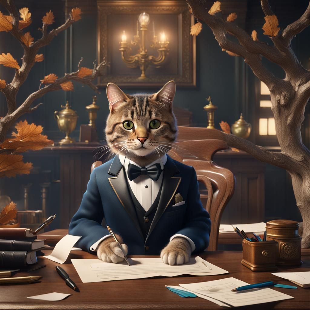 A cat dressed and working
