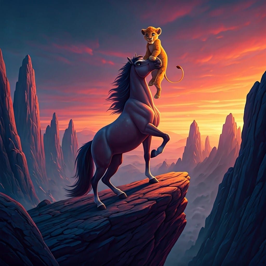 Horse and Lion Cub in Disney Animation Style