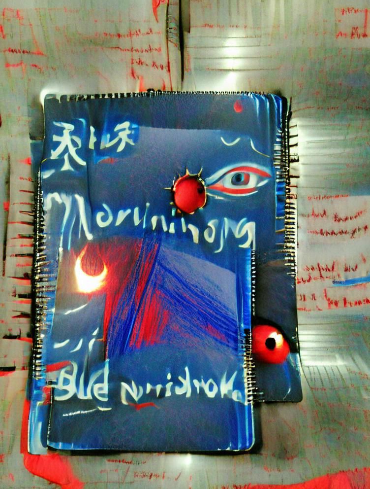 A blue notebook.  Morning is written in red.  "Morning".  A rising Sun illuminates the work. A leery red eyes struggles to open.